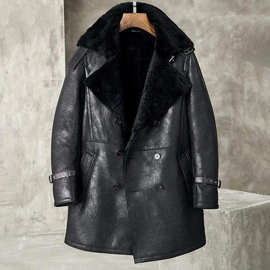 Men's Black Shearling Long Trench Coat Black Shearling Long Trench Coat