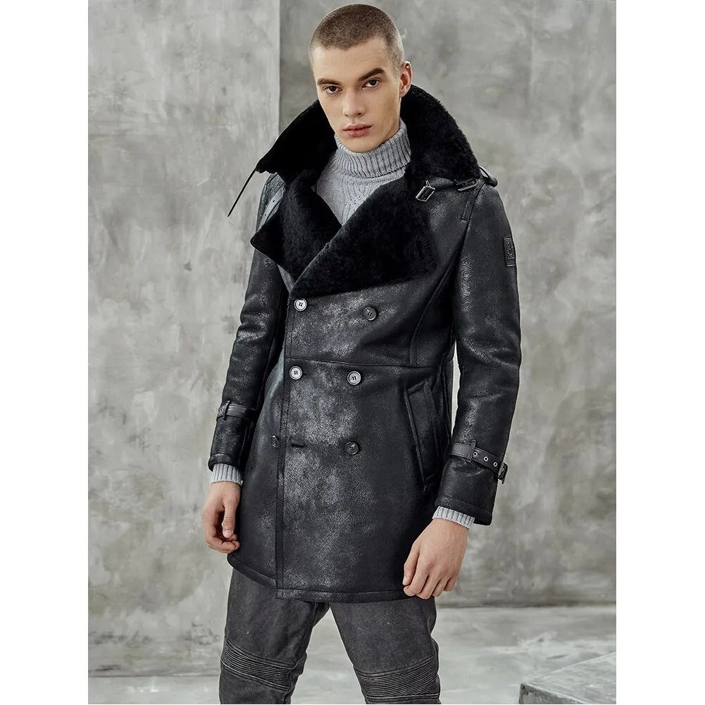 Men's Black Shearling Long Trench Coat