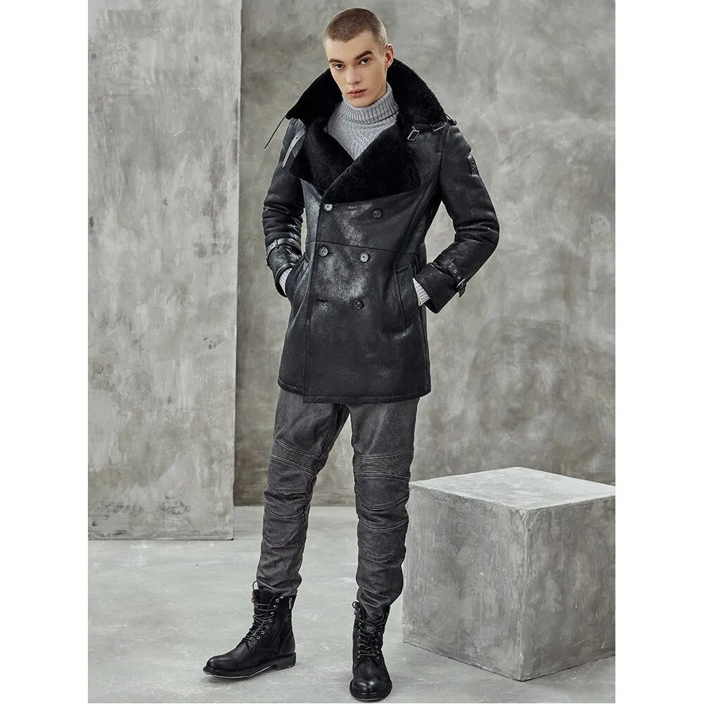 Men's Black Shearling Long Trench Coat