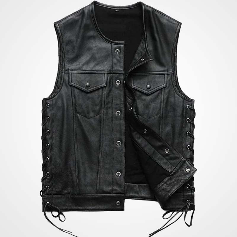 Men's Black Sheepskin Leather Biker Vest