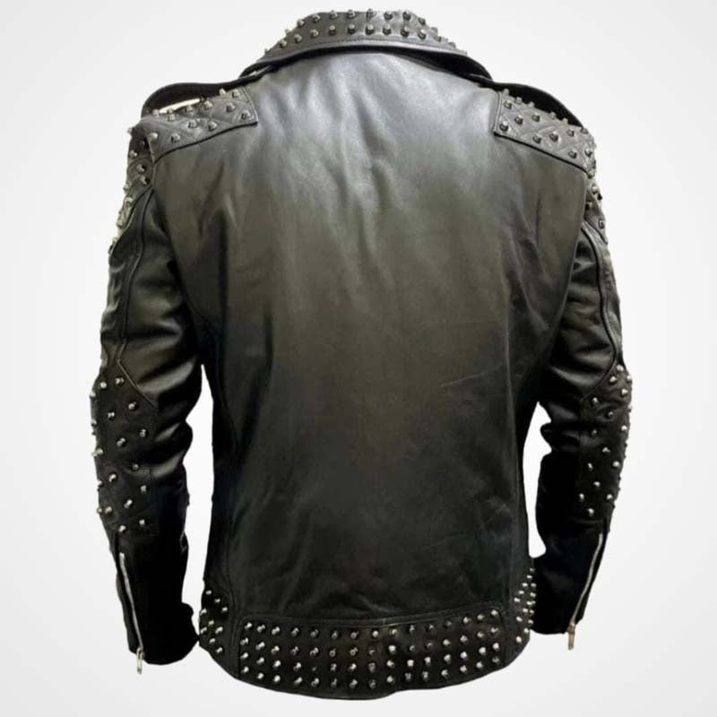 Men’s Black Studded Cowhide Leather Motorcycle Jacket