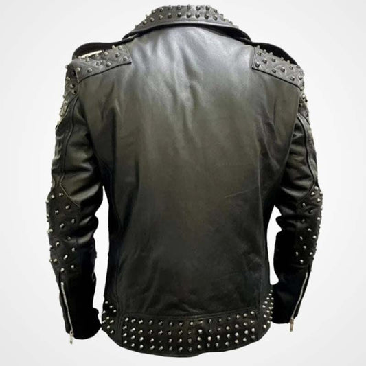 Men’s Black Studded Cowhide Leather Motorcycle Jacket
