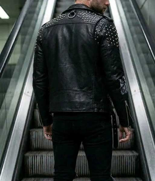 Mens Black Studded Spike Leather Brando Biker Jacket