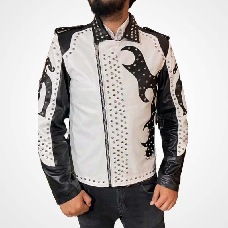 Men's Black and White Leather Jacket with Silver Studs and Fringe