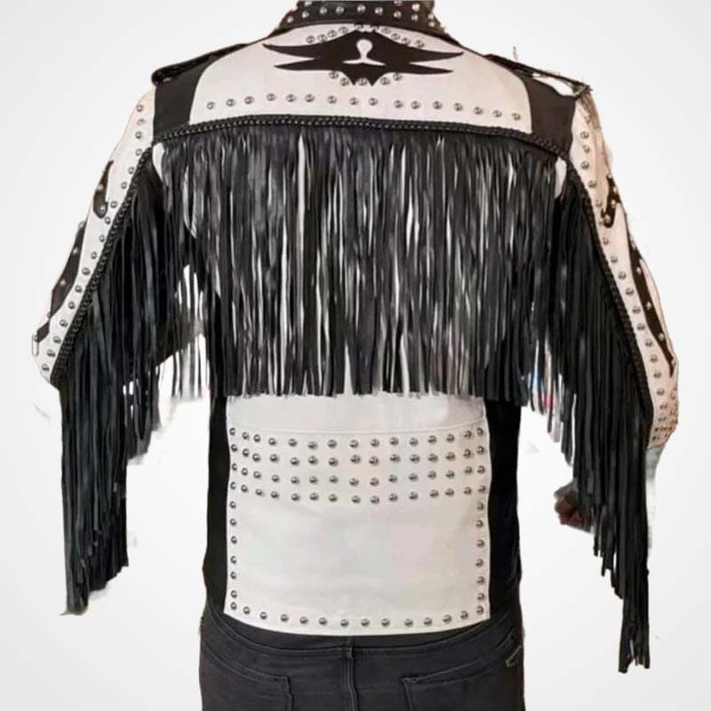 Men's Black and White Leather Jacket with Silver Studs and Fringe