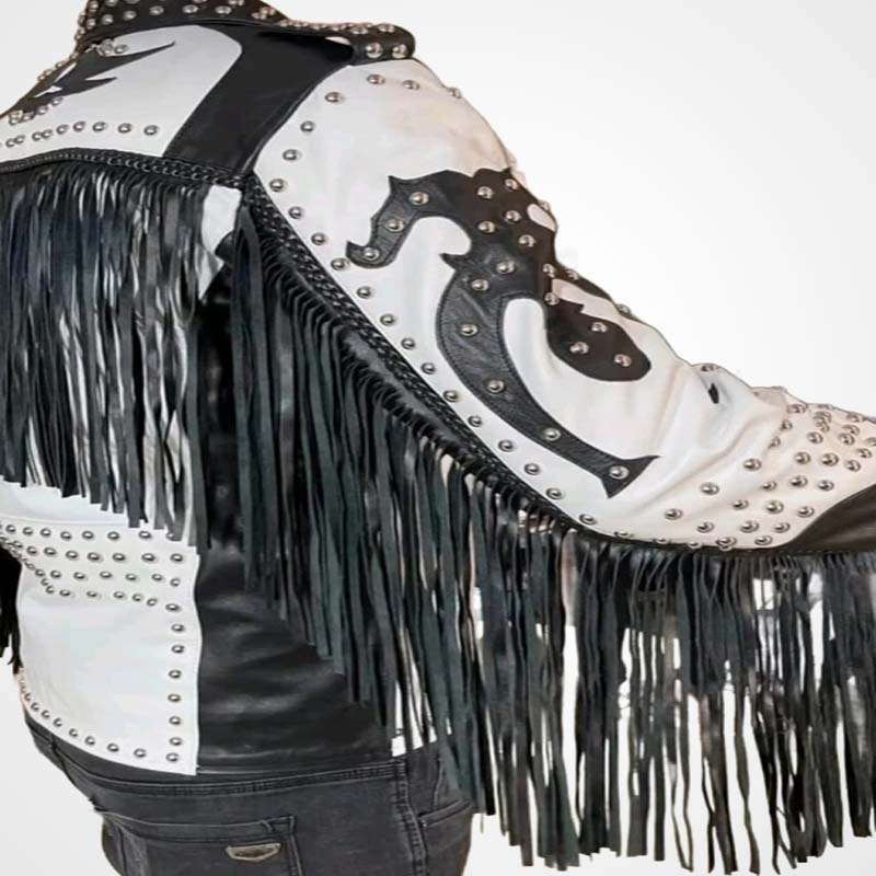 Men's Black and White Leather Jacket with Silver Studs and Fringe