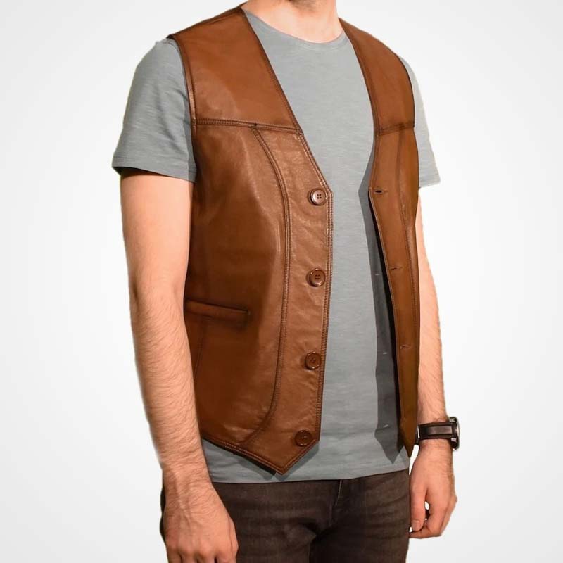 Men’s Brown Lambskin Leather Button Vest