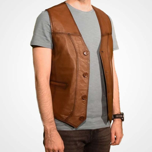 Men’s Brown Lambskin Leather Button Vest