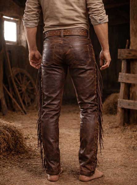 Mens Brown Leather Fringe Cowboy Pants
