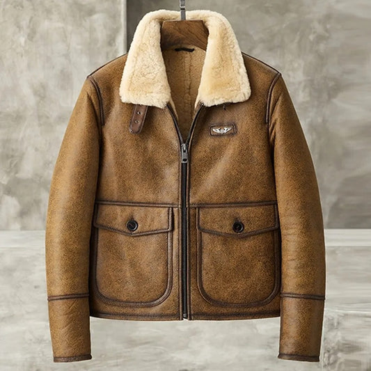 Men's Brown Shearling Lapel Jacket - Short Style B3 Bomber Coat Brown Shearling Lapel Jacket