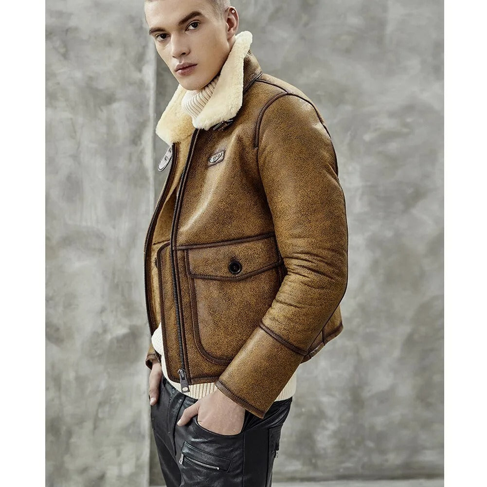 Men's Brown Shearling Lapel Jacket - Short Style B3 Bomber Coat