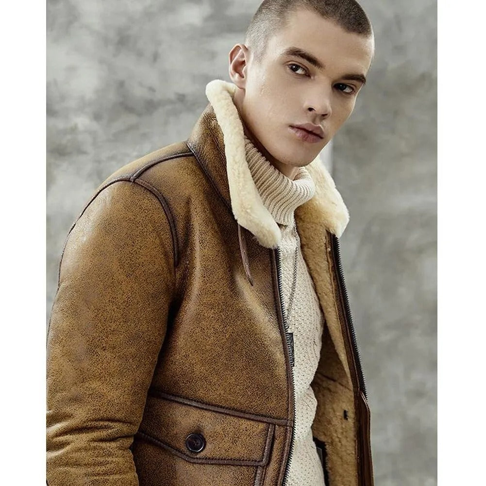 Men's Brown Shearling Lapel Jacket - Short Style B3 Bomber Coat