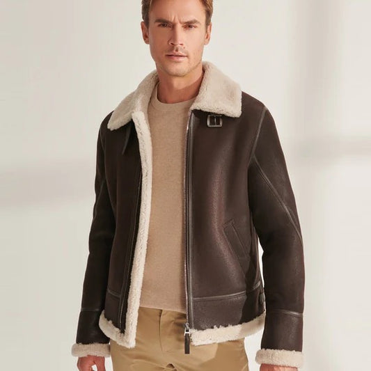 Men's Brown Shearling Pilot Leather Aviator Jacket Brown Shearling Leather Aviator Jacket