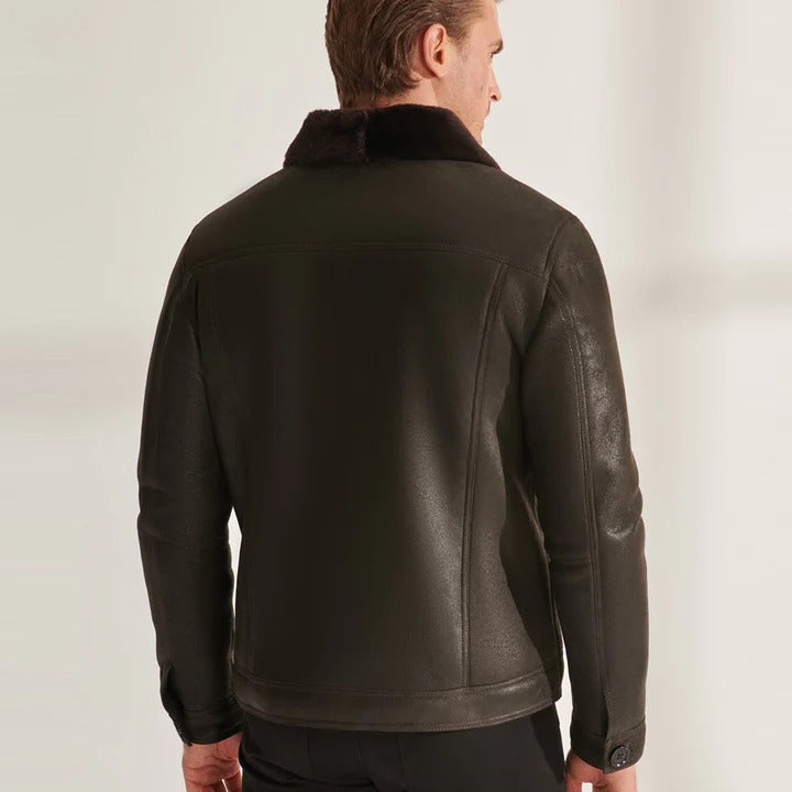 Brown Sheepskin Shearling Leather Trucker Pilot Aviator Jacket for Men