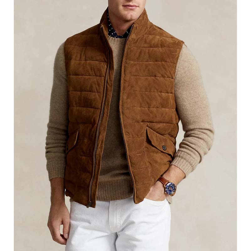 Men’s Brown Suede Leather Quilted Puffer Vest