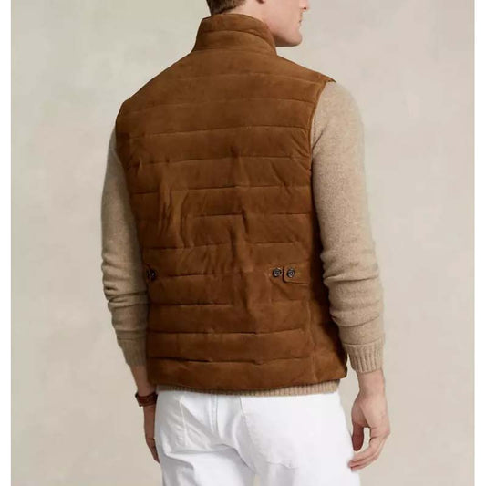 Men’s Brown Suede Leather Quilted Puffer Vest