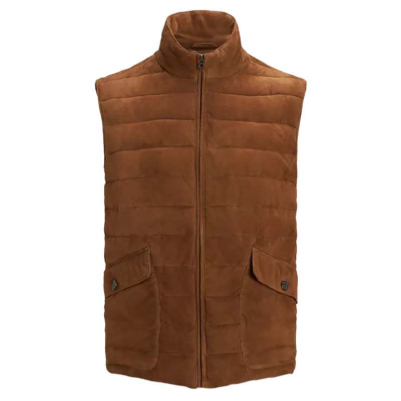 Men’s Brown Suede Leather Quilted Puffer Vest