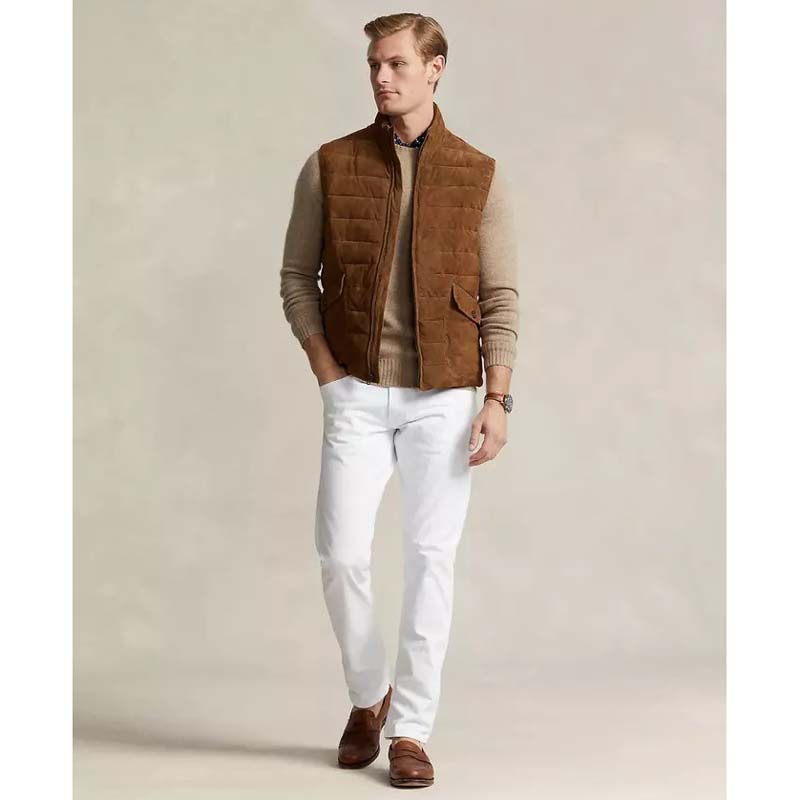 Men’s Brown Suede Leather Quilted Puffer Vest