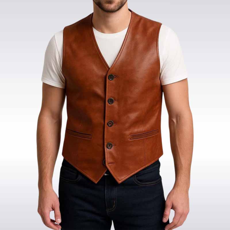 Men’s Brown Vintage Leather Vest Western Style Waistcoat