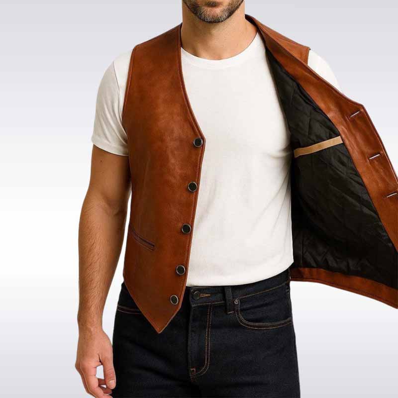 Men’s Brown Vintage Leather Vest Western Style Waistcoat