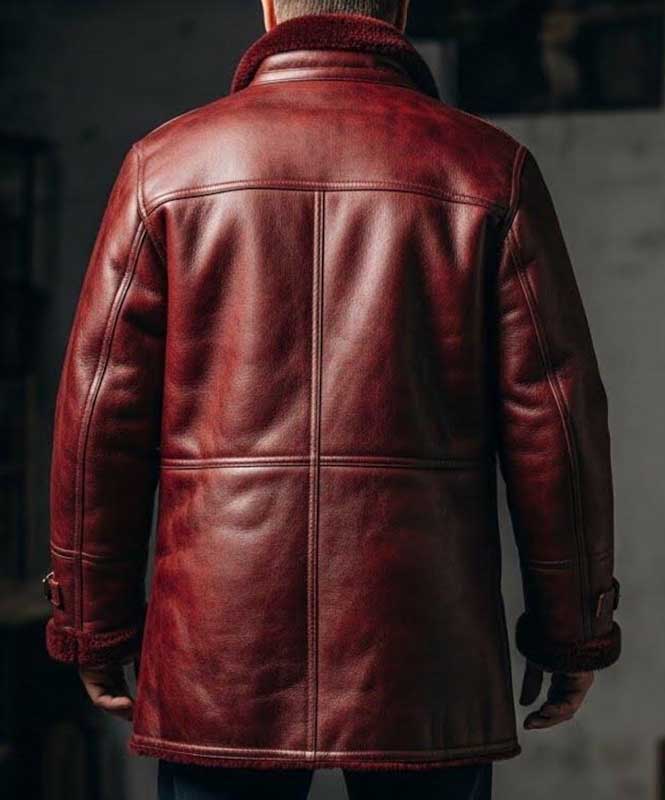 Mens Burgundy Shearling Leather Coat