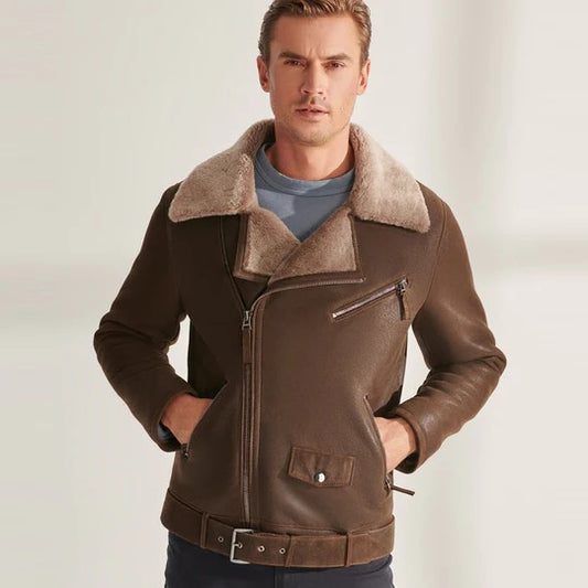 Men's Classic Brown Shearling Sheepskin Biker Aviator Jacket Brown Shearling Sheepskin Biker Aviator Jacket