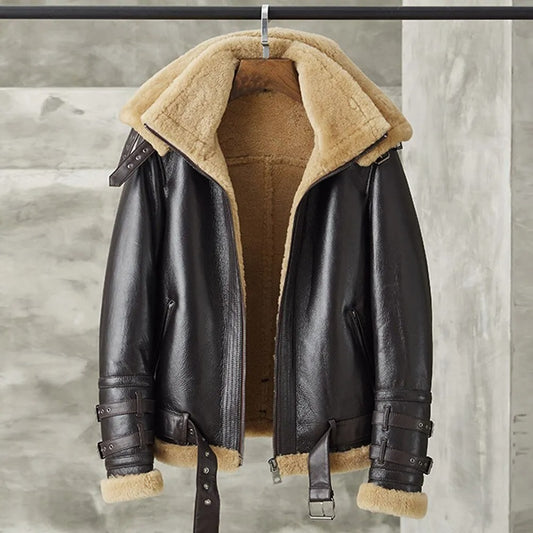 Men's Dark Brown B3 Bomber Shearling Jacket with Double Collar Dark Brown B3 Bomber Shearling Jacket