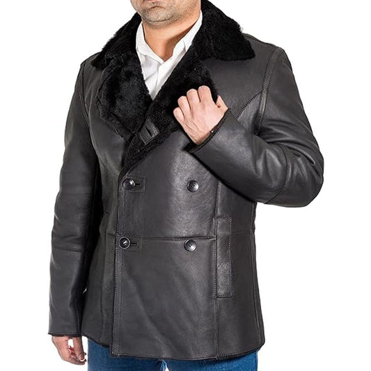 Men's Double Breasted Sheepskin Shearling Trench Pea Coat Shearling Trench Pea Coat