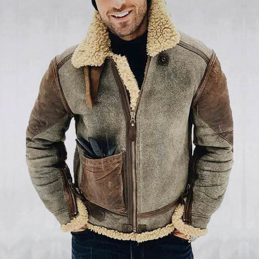 Mens Genuine Leather Winter Jacket with Shearling Collar