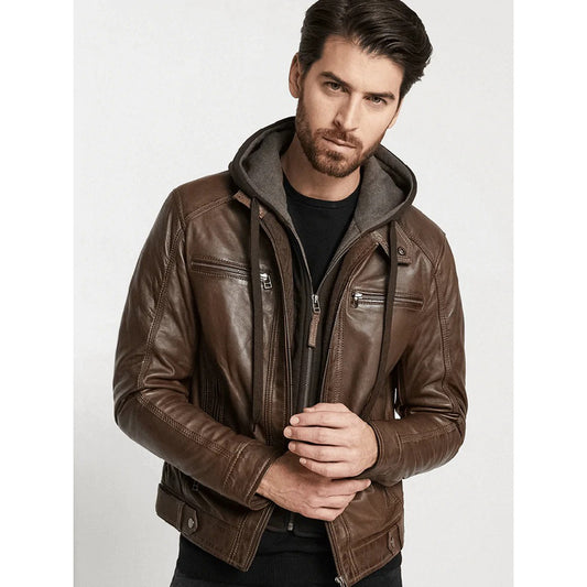 Men's Hooded Brown Leather Jacket Hooded Brown Leather Jacket
