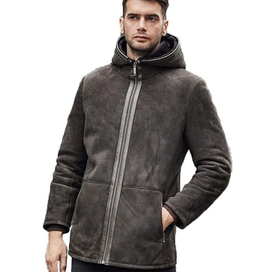 Men's Hooded Suede Mid-Length Sheepskin Coat Hooded Sheepskin Suede Coat