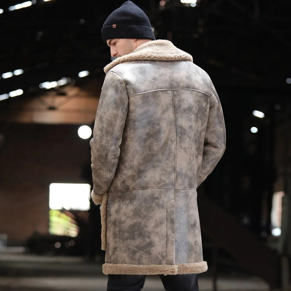 Men's Long Waxed Shearling Sheepskin Fur Coat