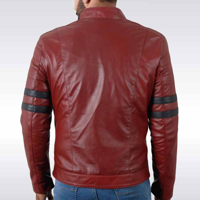 Men’s Maroon Leather Biker Jacket with Navy Stripes