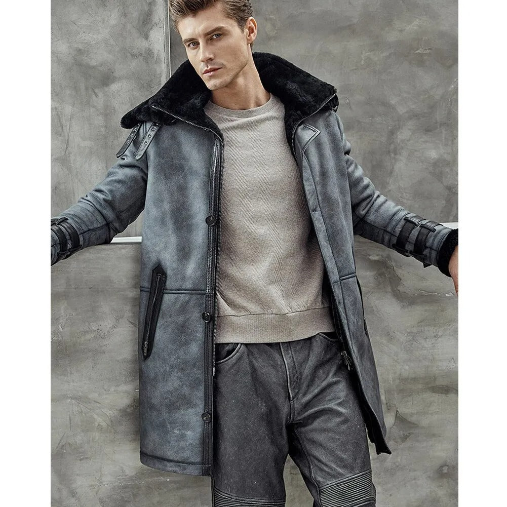 Men's Metallic Gray Shearling B7 Bomber Long Coat