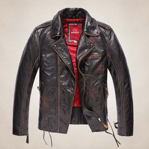 Men’s Pilot Style Biker Leather Jacket with Red Lining