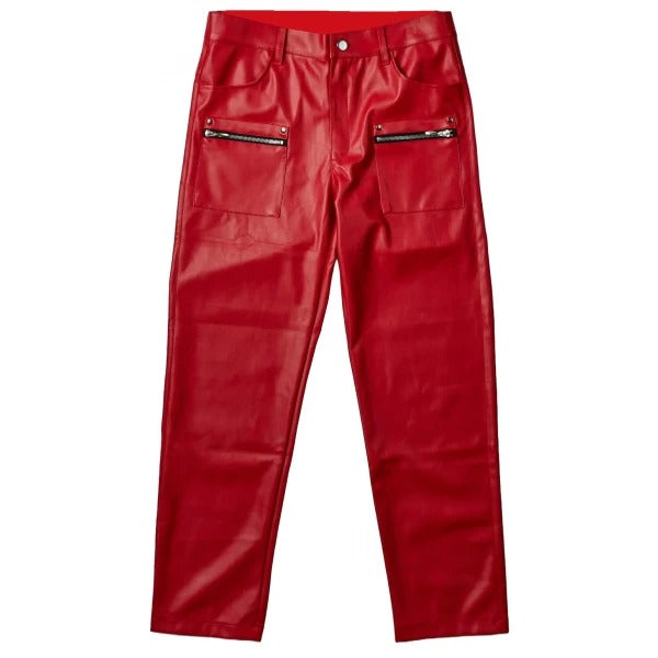 Men’s Red Leather Pants with Zip Pockets