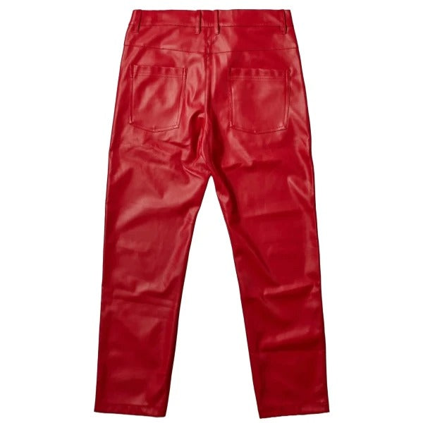 Men’s Red Leather Pants with Zip Pockets