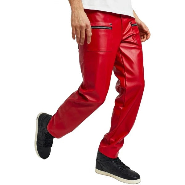 Men’s Red Leather Pants with Zip Pockets
