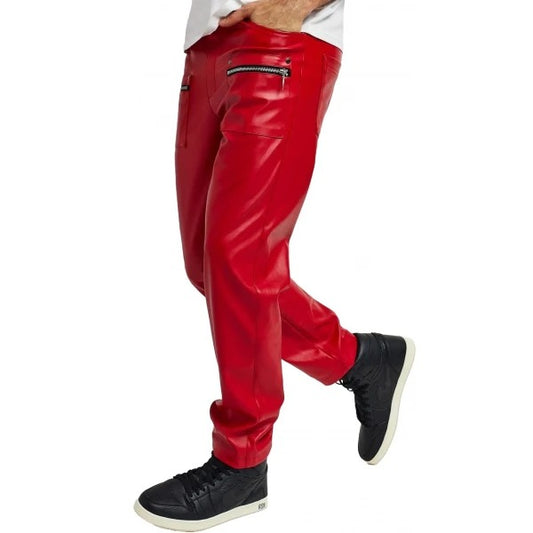 Men’s Red Leather Pants with Zip Pockets