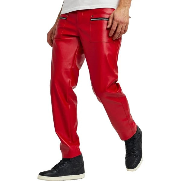 Men’s Red Leather Pants with Zip Pockets