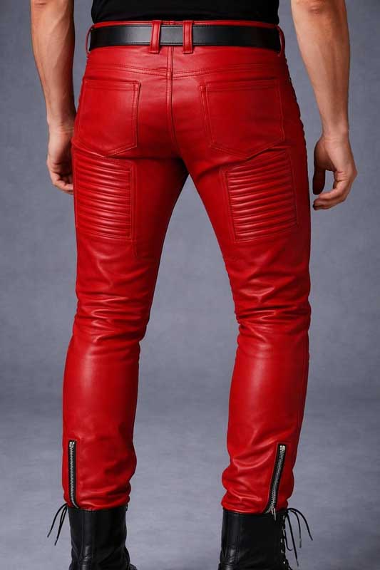 Red genuine leather biker trousers for men with zippers