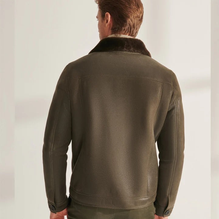 Men's Sheepskin Shearling Leather Trucker Aviator Jacket in Green
