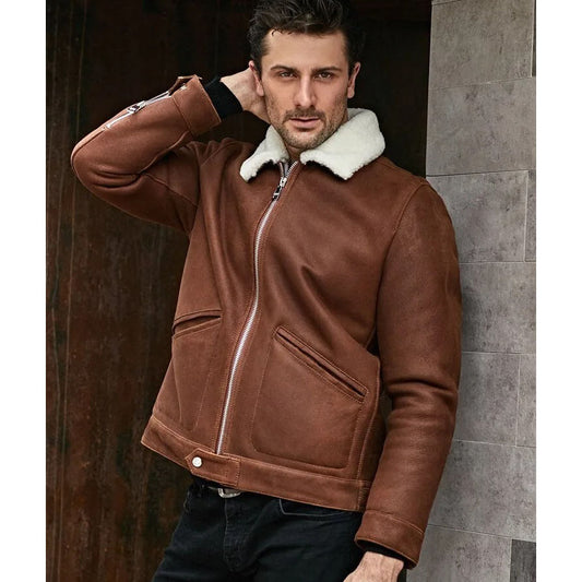 Men's B3 Shearling Jacket - Turn-Down Collar Winter Short Coat B3 Shearling Jacket