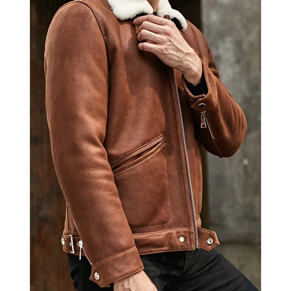 Men's B3 Shearling Jacket - Turn-Down Collar Winter Short Coat