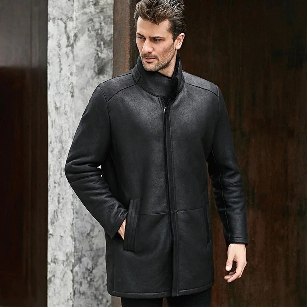 Men's Black Shearling Long Coat