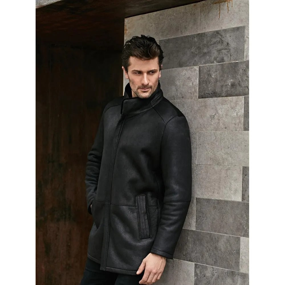 Men's Stand Collar Black Shearling Long Coat