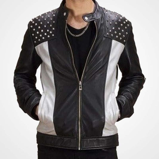 Men's Vintage Cowhide Leather Biker Jacket with Silver Studs Men's Vintage Cowhide Leather Biker Jacket with Silver Studs