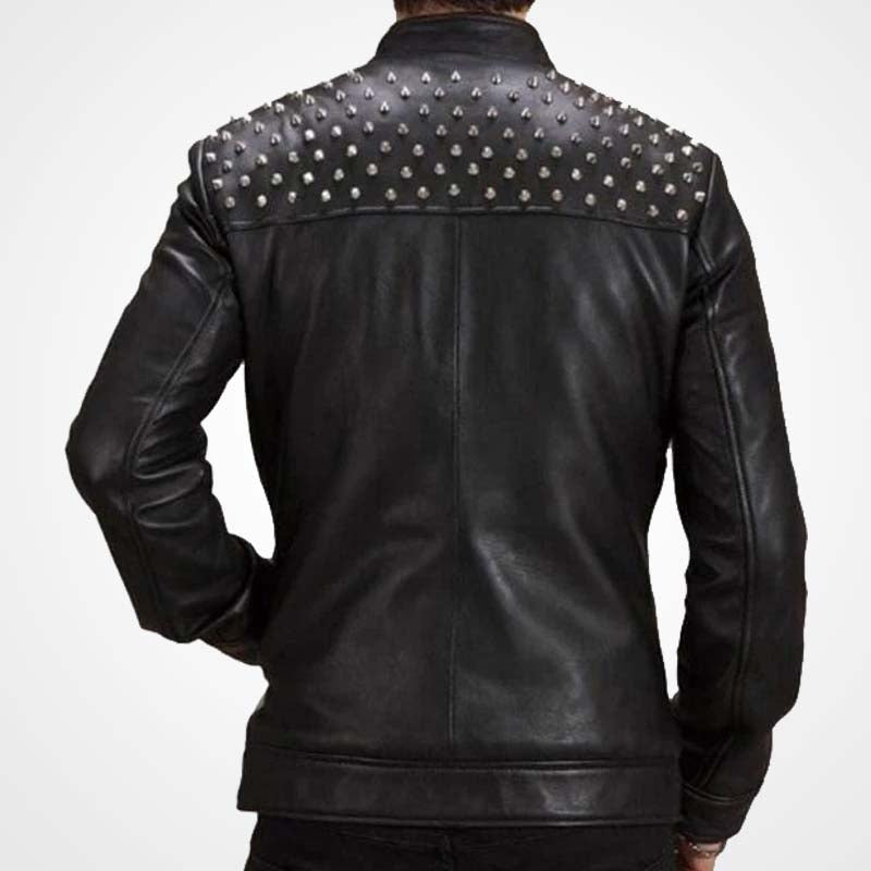 Men's Vintage Cowhide Leather Biker Jacket with Silver Studs
