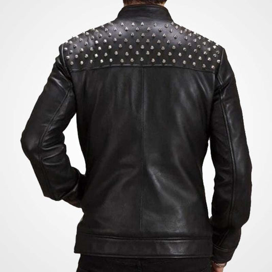 Men's Vintage Cowhide Leather Biker Jacket with Silver Studs