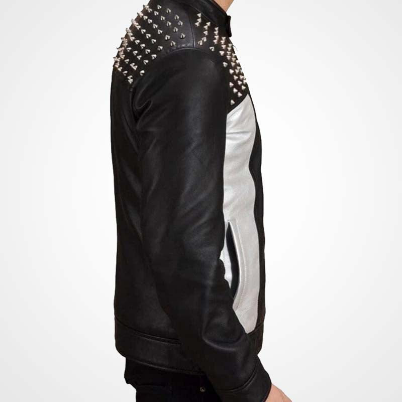 Men's Vintage Cowhide Leather Biker Jacket with Silver Studs